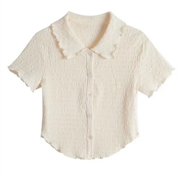 VISgogo, camiseta para mujer, Tops texturizados, manga corta, solapa, cierre de botón frontal, dobladillo curvo, ropa informal estilo lechuga, Tops VISgogo moda
