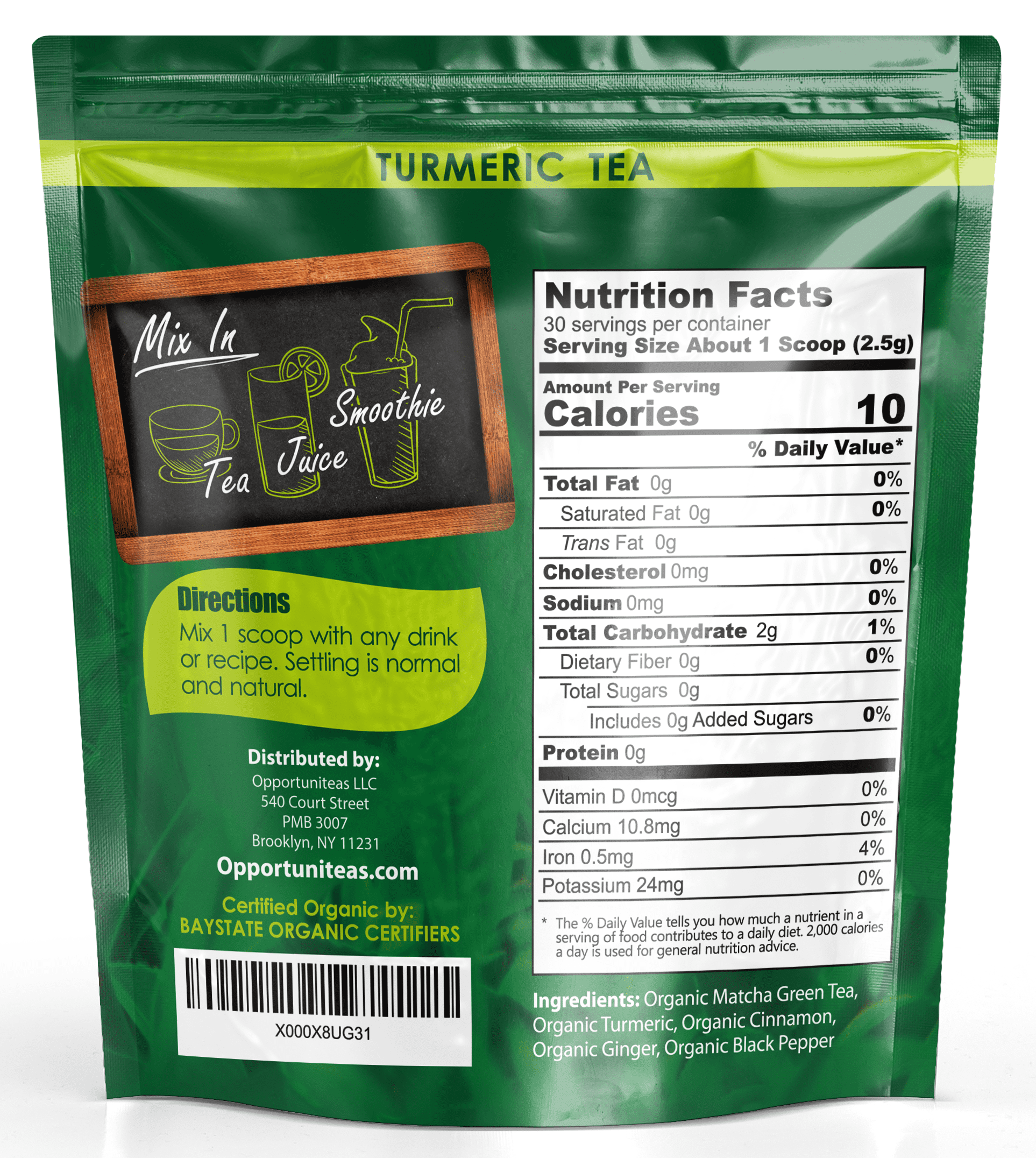 Opportuniteas Organic Turmeric Tea Powder - Matcha Green Tea, Turmeric, Cinnamon, Ginger, Black Pepper - Natural Joint Support - Vegan & Non-GMO - 30 Servings
