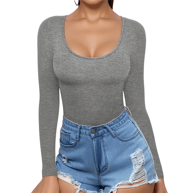 T-shirt Tunique Ajusté à Manches Longues à Encolure Dégagée pour Femmes Gris Foncé TTG