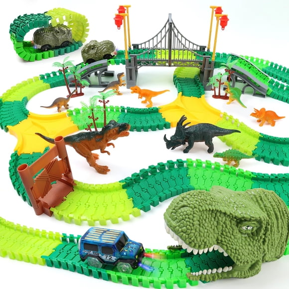 IQKidz Dinosaur World Race Track Toys - 216pcs Flexible Track Playset with 1 Dinosaur Car, 1 Race Car, 6 Dino Toys, for Kids 3 4 5 6 Year & Up Old (B