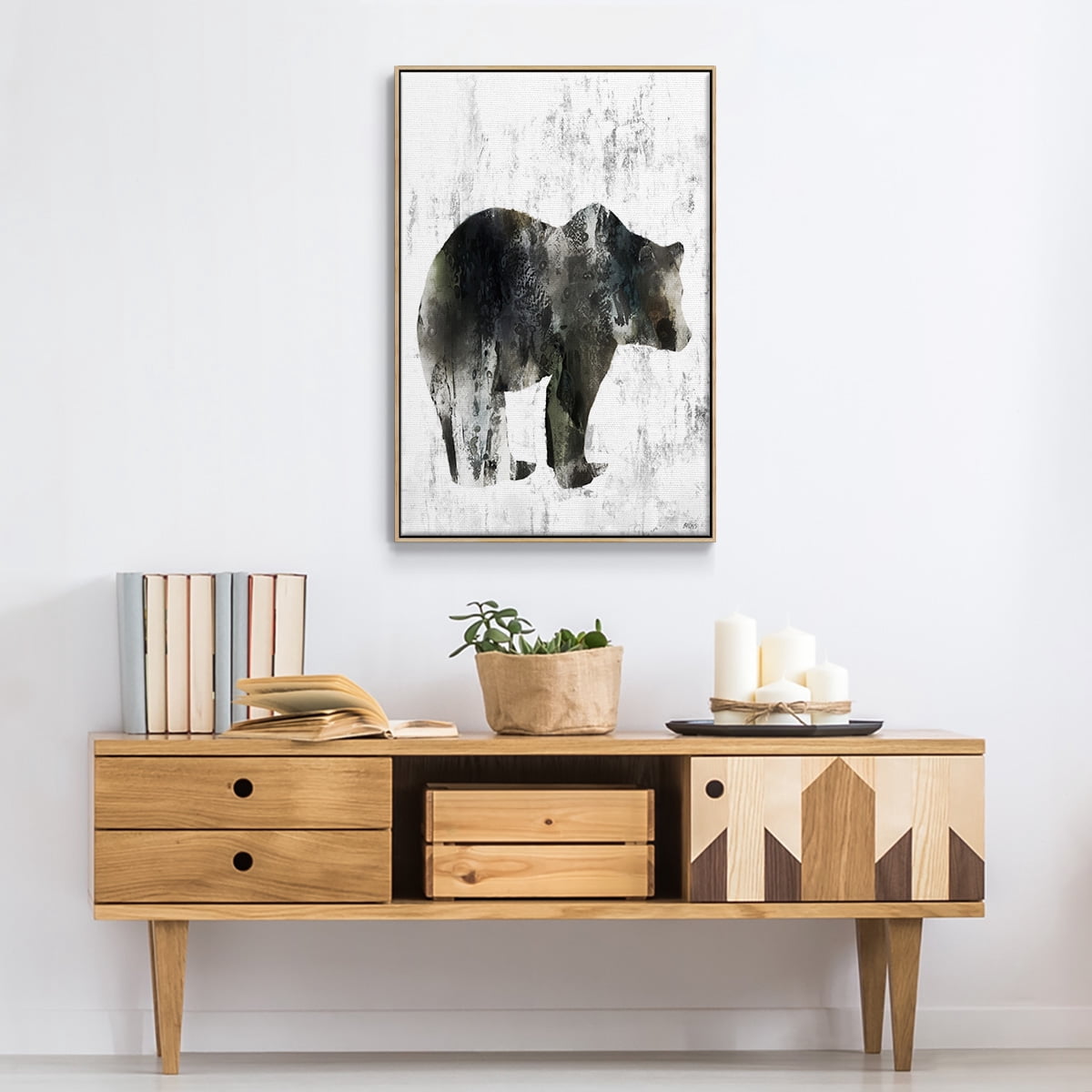 Bear Totem Framed Premium Gallery Wrapped Canvas - Ready to Hang - 27 x 41 - Natural Wood Floating Frame