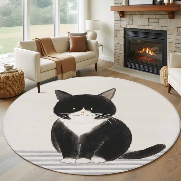 Round Rug 6Ft Washable Non-Slip, Cute Cats Circle Area Rugs for Living Room Bedroom, Modern Abstract Ink Painting Gray Striped Indoor Floor Mats Carpet Runner for Home Decor Aesthetic
