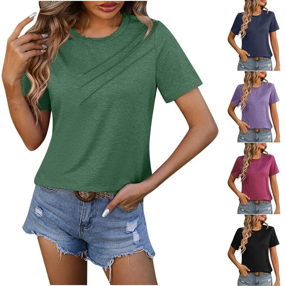 HAPIMO Women's Trendy Cotton Linen Loose Basic Tops Solid Color Ruched Short Sleeve Round Neck Pullover Elegant Casual Relaxed Blouses for Teen Girls Summer Black XL