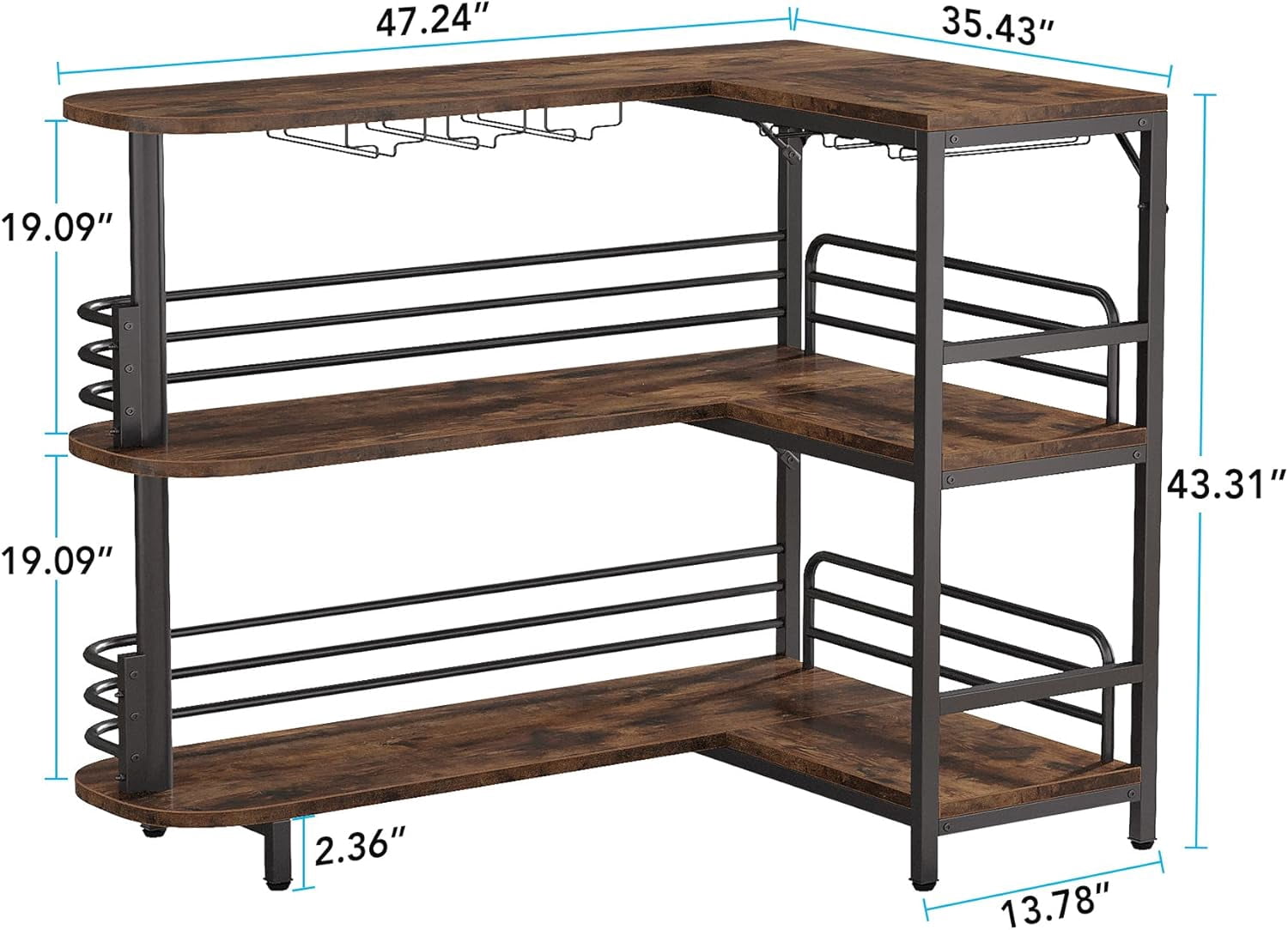 L-Shaped Bar Table, Home Bar with 6 Stemware Racks, Large Countertop, Sturdy Liquor Bar for Home Easy Assembly Rustic Brown & Matte Black