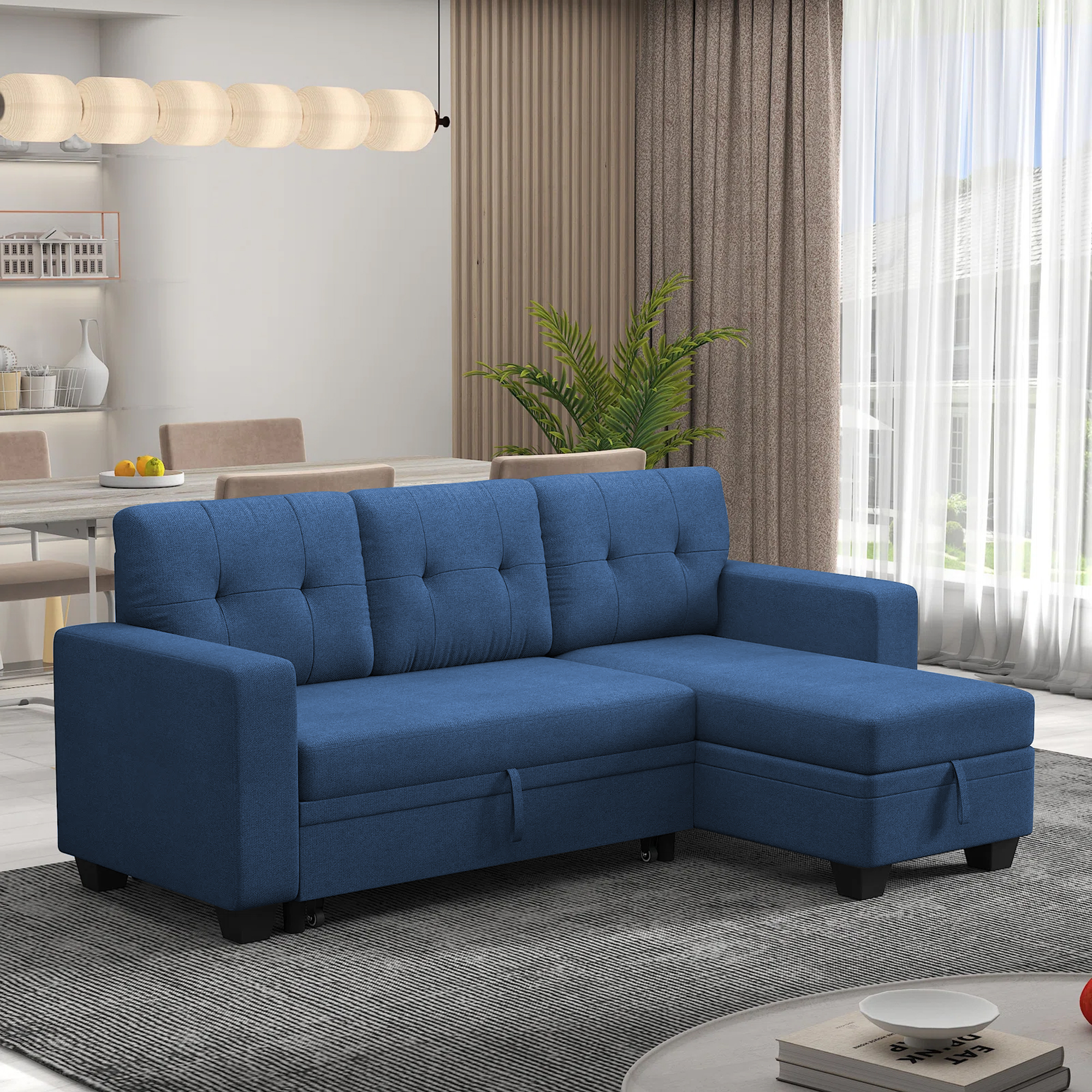 DEALTOPS Linen Reversible Sleeper Sectional Sofa Bed with Storage Chaise,Blue