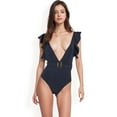thumbnail image 4 of Swim Women's Ruffle Shoulder Deep V One-Piece Swimsuit with Belted Waist - Medium, Black, 4 of 6