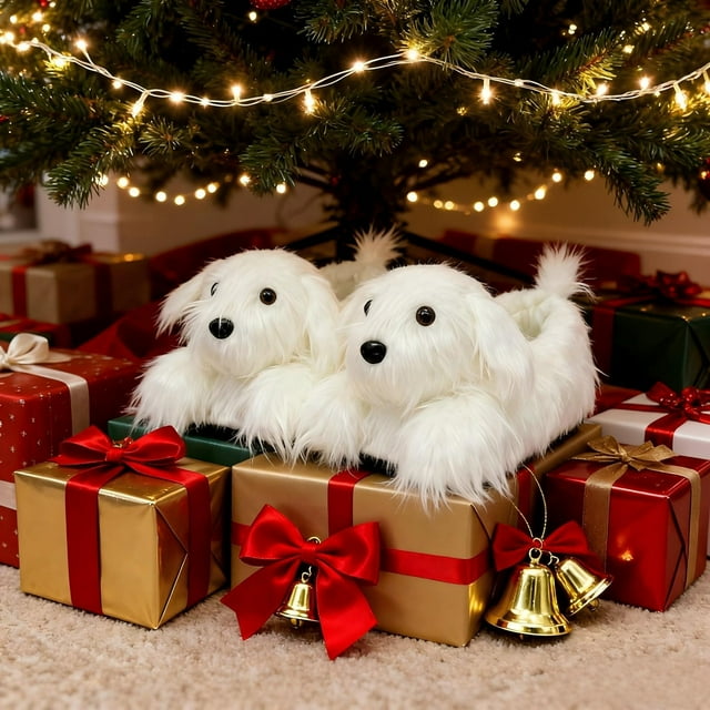 Juguetes, Peluches, Pantuflas de Bichón para Mujer y Hombre, Pantuflas de Peluche para Perro, Pantuflas Suaves y Abrigadas, Regalos para Cachorros en Navidad o Cumpleaños, Pantuflas de Peluche para Pe