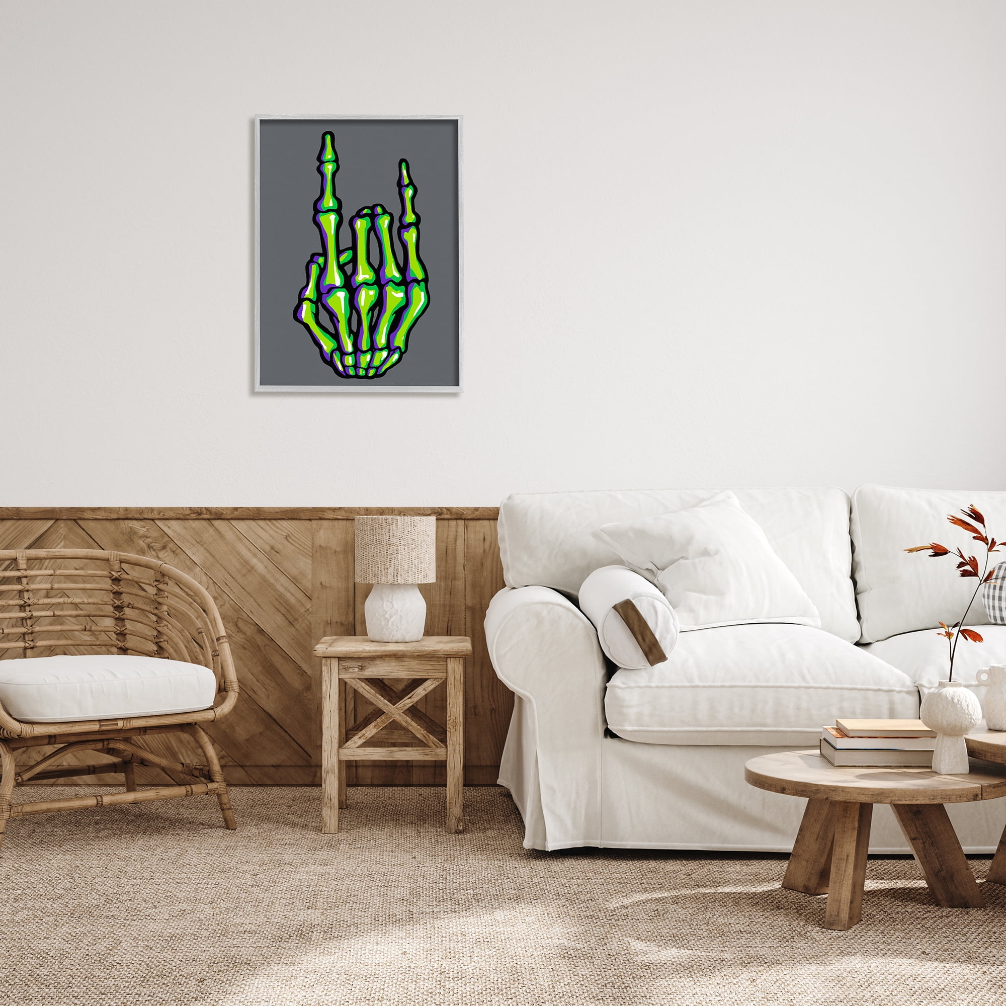Stupell Industries Rock On Skeleton Hand Holiday Painting Gray Framed Art Print Wall Art, 24 x 30