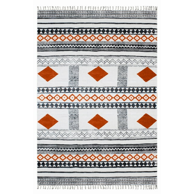 Casavani - 2'6"x8' Orange Block Printed Cotton Runner Area Rugs for Hallway & Stairs