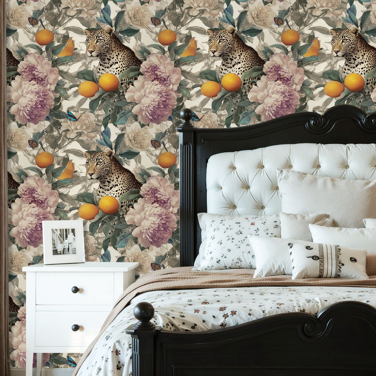 Peel and Stick Wallpaper Leopard Butterfly Floral Oranges Peonies Wall Mural 23.6in x 9.8ft Self Adhesive Removable Wall Paper Renter Friendly Wallpaper for Nursery Bedroom Cabinets