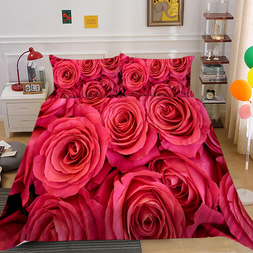 Valentine's Day Romantic Theme Rose Duvet Cover Set, Bedding Set,Queen