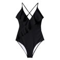 thumbnail image 4 of Women Halter One Piece Swimsuit Sexy Ruffle Backless Bathing Suit Plunge V Neck Classic Coverage Bottom, 4 of 4