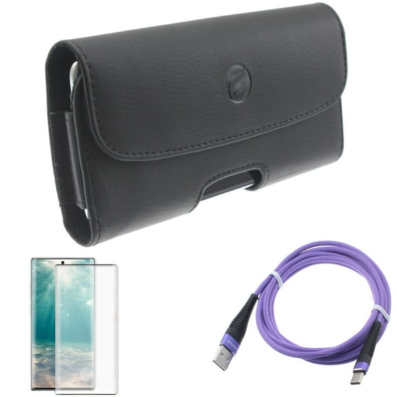 6ft USB Cable & Case Belt Clip & Screen Protector for Samsung Galaxy Note 20 (6.7") - Combo with Purple Type-C & Leather Holster & Tempered Glass (Fingerprint Unlock)