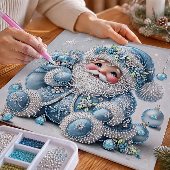 Holiday DIY 5D Rhinestone Diamond Painting, Elegant Blue Santa Art Canvas, Christmas Winter Figure‑themed Wall Decoration, Frame‑Less Canvas Only