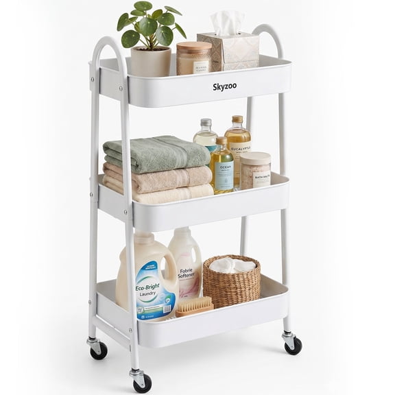 Skyzoo 3-Tier Rolling Utility Cart, White Metal Storage Cart for Bathroom Office