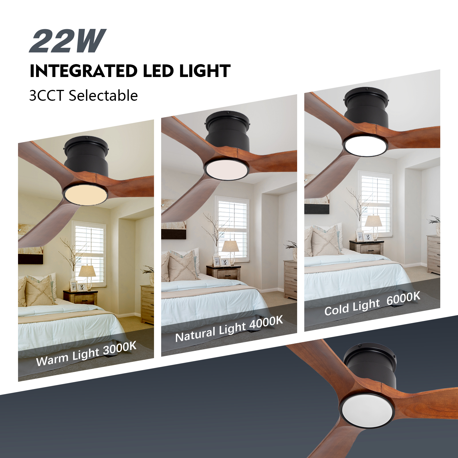 Wozzio 52 Inch Natural Brown Log Recessed Mount Ceiling Fan Light, 22 Watt Tri-Colour Dimmable with Remote Control And Silent Reversible Motor