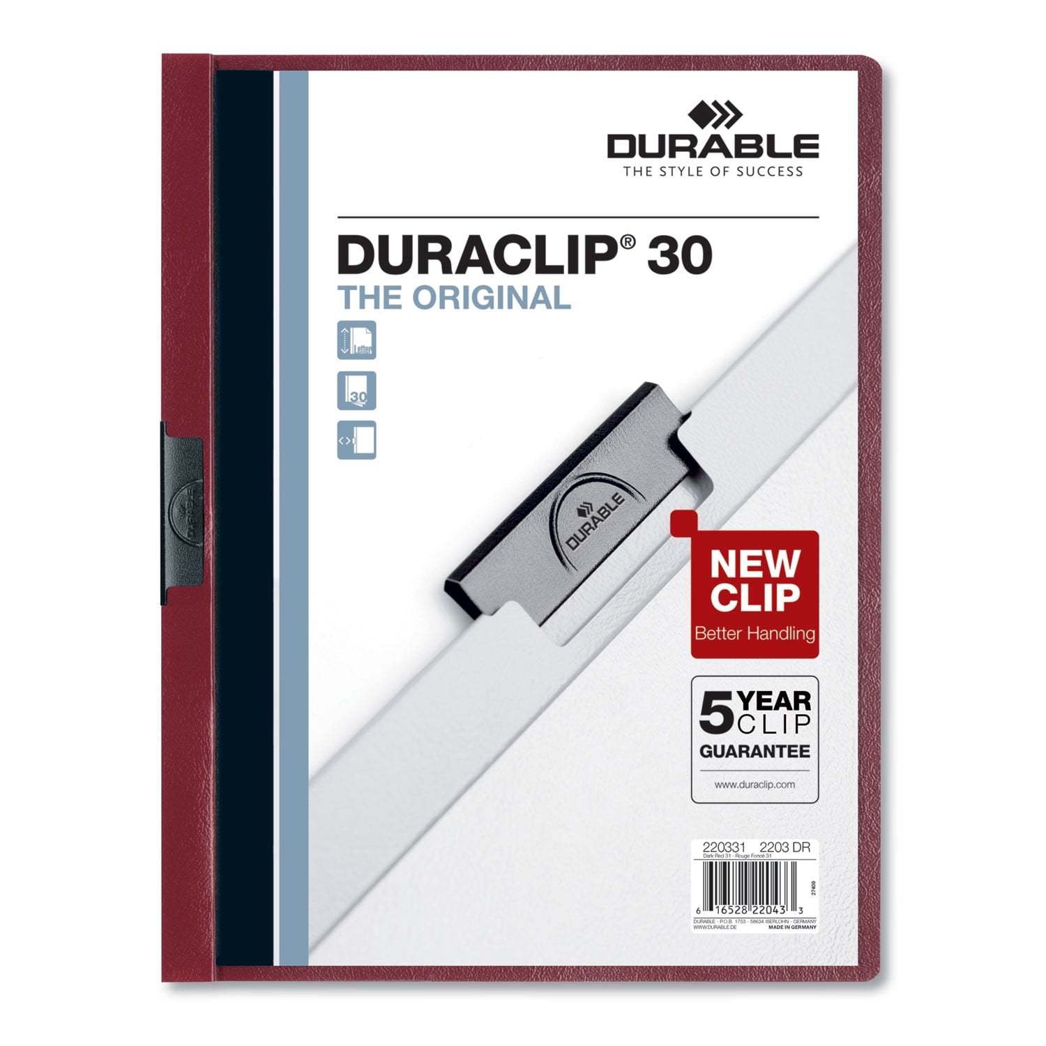 Durable Vinyl DuraClip Report Cover w/Clip Letter Holds 30 Pages Clear/Maroon 25/Box 220331