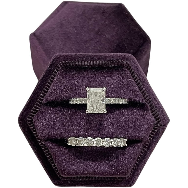 Velvet Treasures Engagement Ring Box Double Slots Vintage Hexagon Wedding Jewelry Box for Ceremony Display Storage Dark Purple