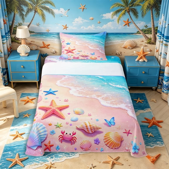 Castle Fairy Kawaii Pastel Beach Scene Twin Sheets 3pcs,Crab Butterfly Seashell Sand Print Bedding,Pink Sky,1 Fitted Sheet,1 Flat Sheet and 1 Pillowcase