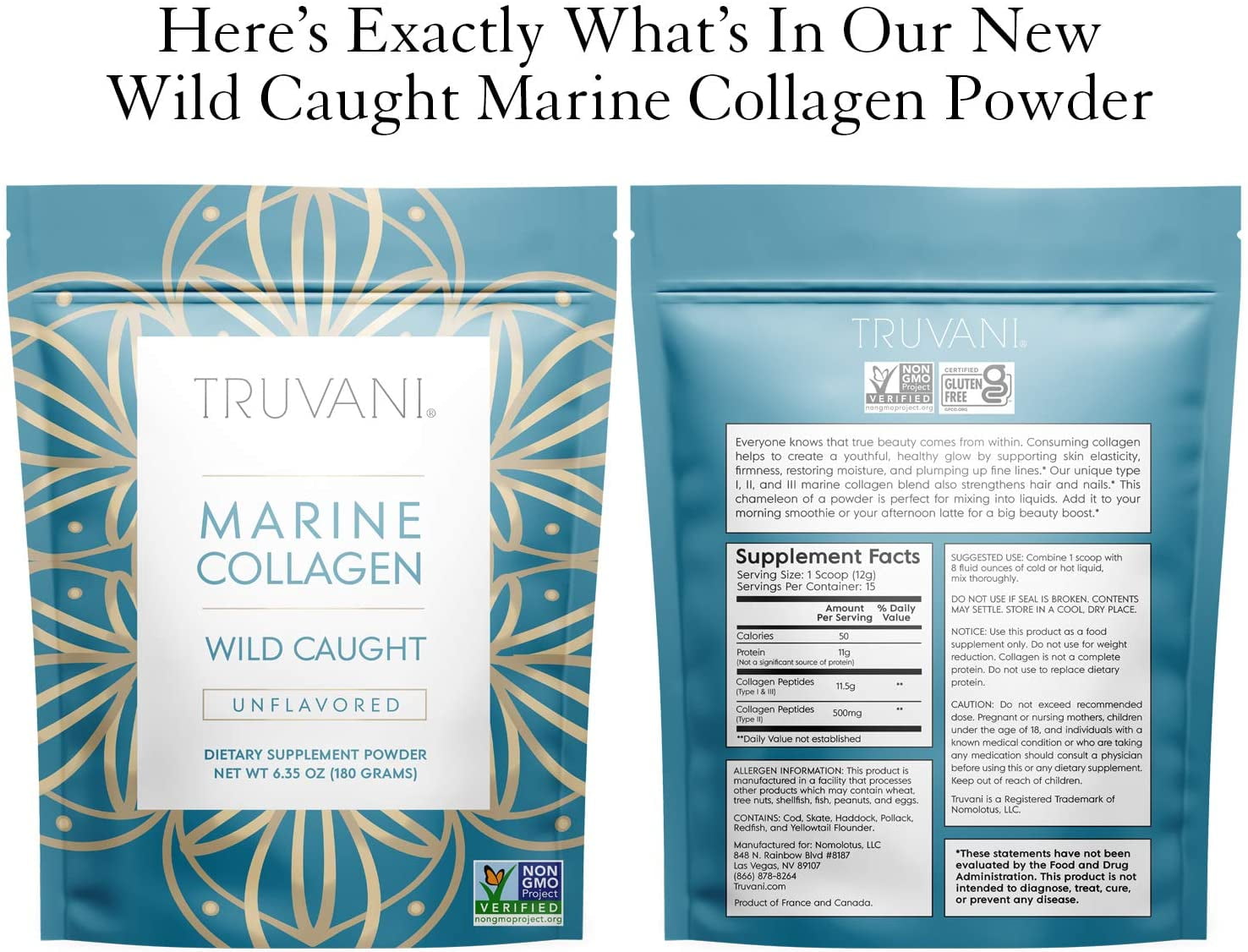 Truvani Wild Caught Unflavored Marine Collagen Powder, 6.35 Oz..