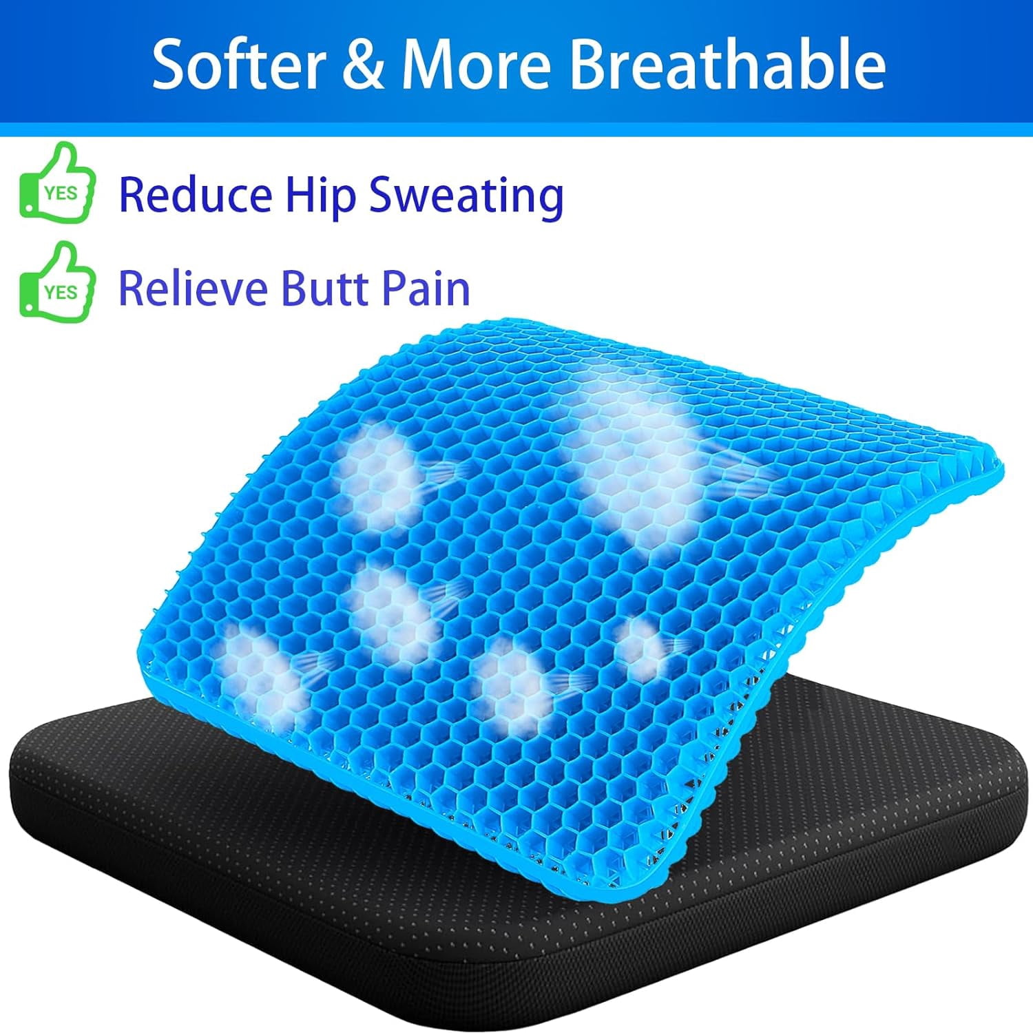 Large Gel Seat Cushion for Long Sitting , Soft & Breathable, Gel Cushion for Wheelchair Reduce Sweat, Gel Chair Cushion for Hip Pain, Gel Seat Cushion for Office Chair（Blue)