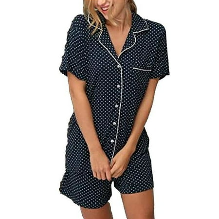 

EYIIYE Women Girls Summer Pajamas 2Pcs Set Short Cotton Short Sleeve Sleepwear Pajamas with Buttons S-2XL