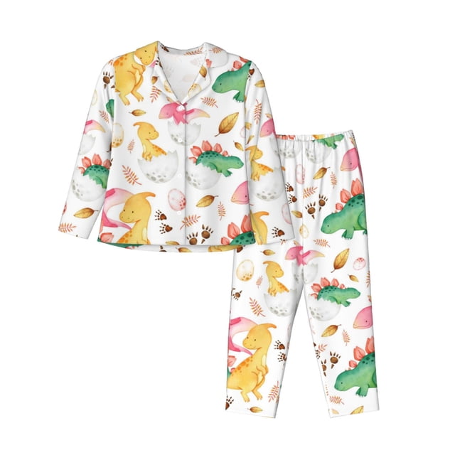 Fotbe Cute Baby Dinosaurs Conjunto de Pijama de Manga Larga para Mujer con Estampado, Ropa de Dormir de 2 Piezas, Conjunto de Casa Suave y Cómodo con Bolsillos-X-Large