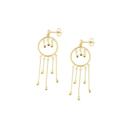 14k Yellow Gold Diamond Cut Ball Chain Open Circle Chandelier Dangle Earrings