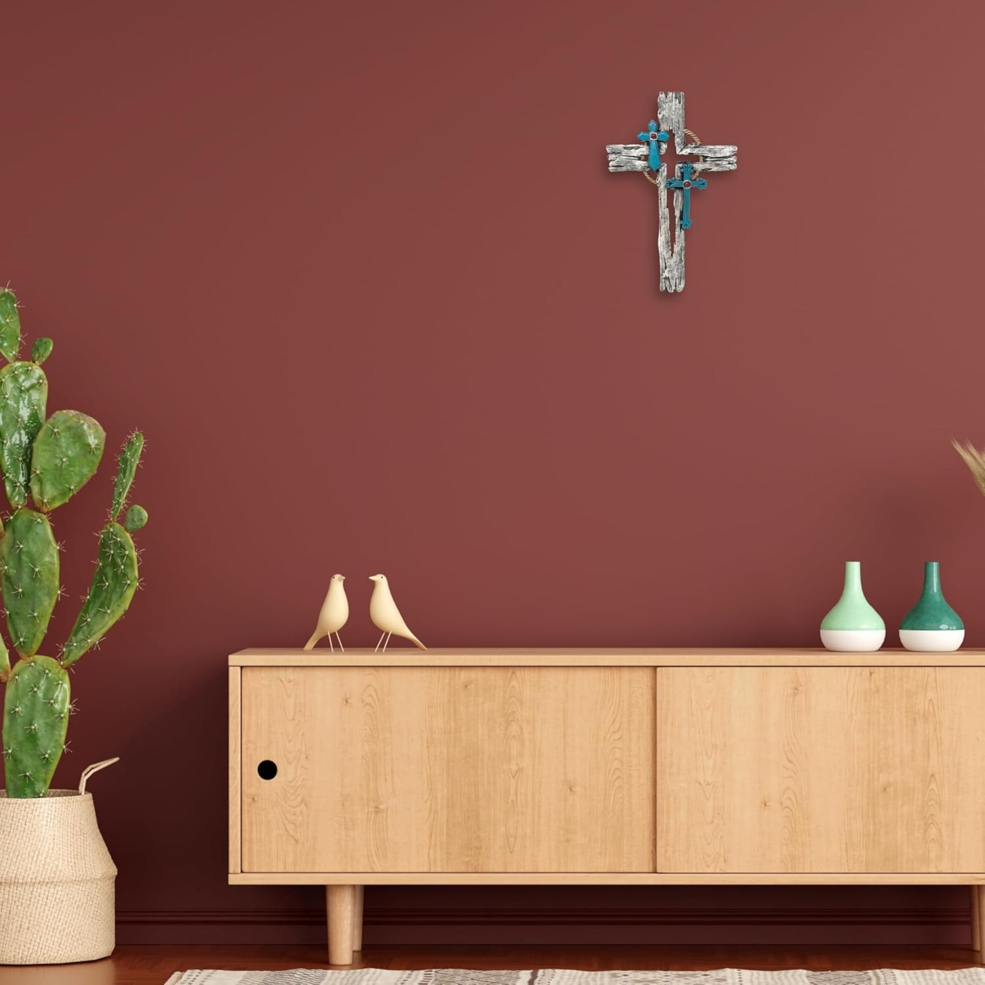 Layered Faux Driftwood Cutout Wall Cross - Resin Rustic Distressed Driftwood Look with Turquoise Crucifix for Southwestern Spiritual & Religious Wall Décor - Inspirational Wall Art for Home & Office