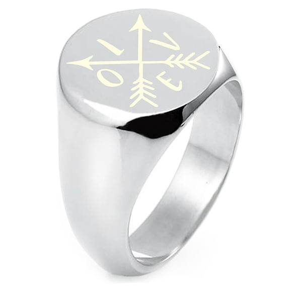 Sterling Silver Love Arrow Compass Engraved Round Flat Top Polished Ring
