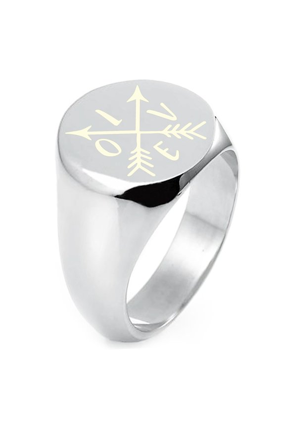 Sterling Silver Love Arrow Compass Engraved Round Flat Top Polished Ring
