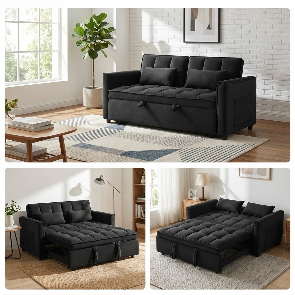 Xiweot 3 in 1 Convertible Sleeper Sofa Bed, 55" Pull Out Couch with Side Pockets, Velvet Loveseat Sofa with Adjustable Backrest for Living Room Bedroom Apartment (Black)