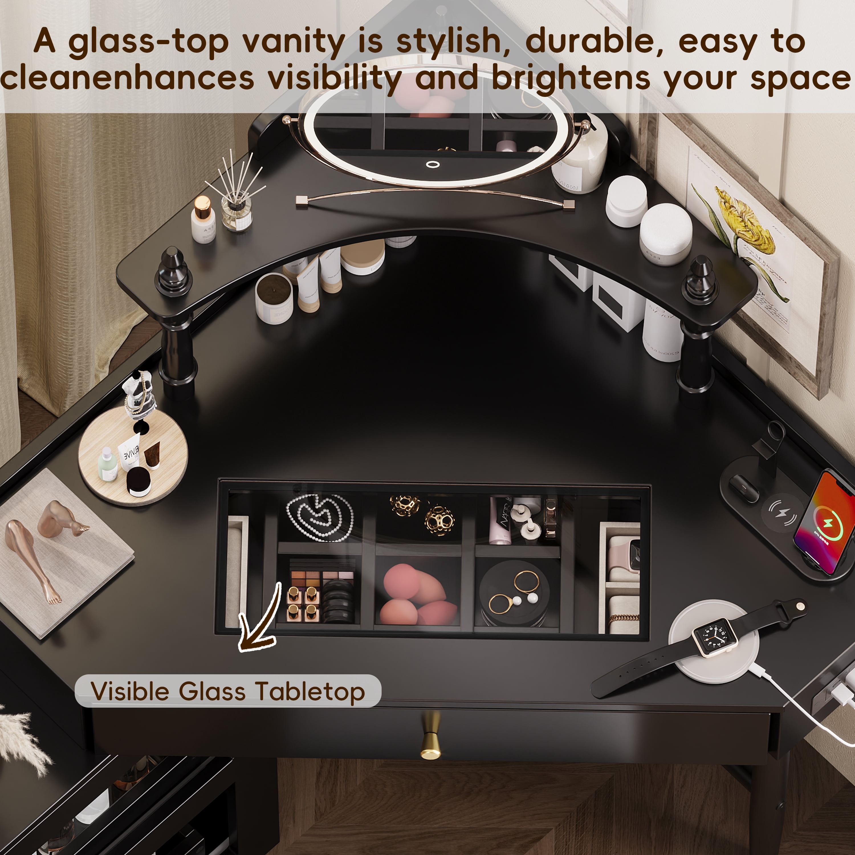 Euroco Corner Vanity Desk Set with Storage Cushioned Stool and Charging Station, Triangle Makeup Desk with Removable Pull-Out Side Cabinet, Glass Tabletop Makeup Vanity Desk,Black