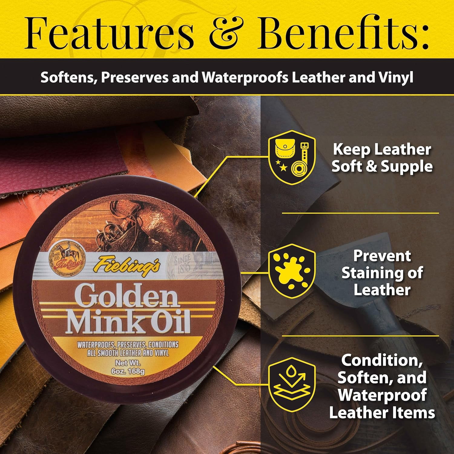 Fiebing's Golden Mink Oil for Leather Boots (6 Pack, 6 oz Each) - Leather Cleaner & Conditioner - Weatherproof, Preserve, Soften All Smooth Leathercraft & Vinyl - Prevents Salt Stains On Couch, Purse
