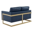 thumbnail image 3 of LeisureMod Loveseat Upholstered in Leather 2-Person Seater Sofa with Gold Stainless Steel Base and Removable Cushions for Modern Home, Living Room, Offices Lincoln Collection in Navy Blue, 3 of 8
