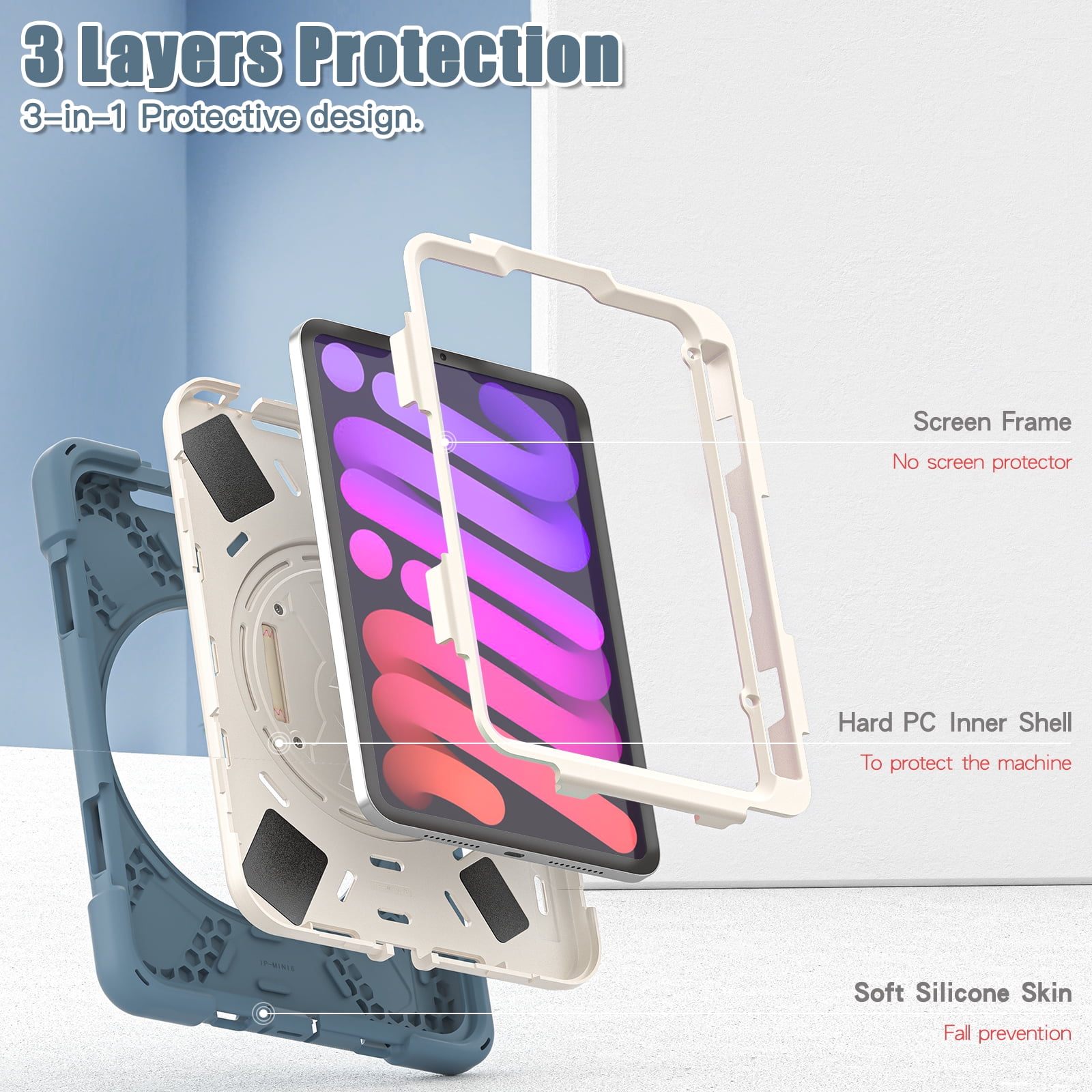 Portable Rugged Case for 2021 Apple iPad Mini 8.3" (6th Generation 2021 Release) - Rotating Stand Case with Adjustable Hand/Shoulder Strap, Built-in Pencil Holder, Shockproof Hard Cover (Dark Blue)