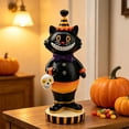 thumbnail image 2 of Halloween Vintage Circus Black Cat Resin Figurine Halloween Party Hat Cat Holding Skull Spooky-Cute Retro Carnival Decor for Mantel Tiered Tray, 2 of 6