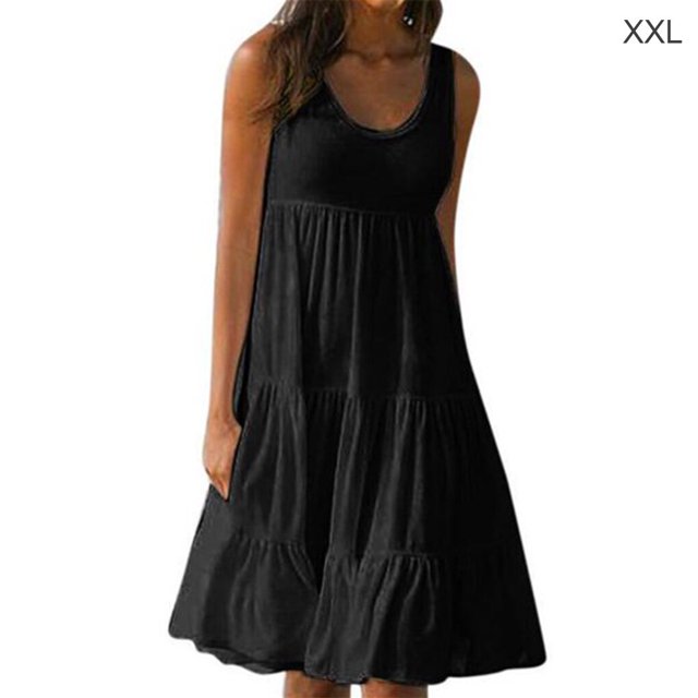 Robe Femme Col Rond Robe à Bretelles Fille Col Rond Robe Sans Manches Vêtements de Plage Sans Manches, Noir, TTG