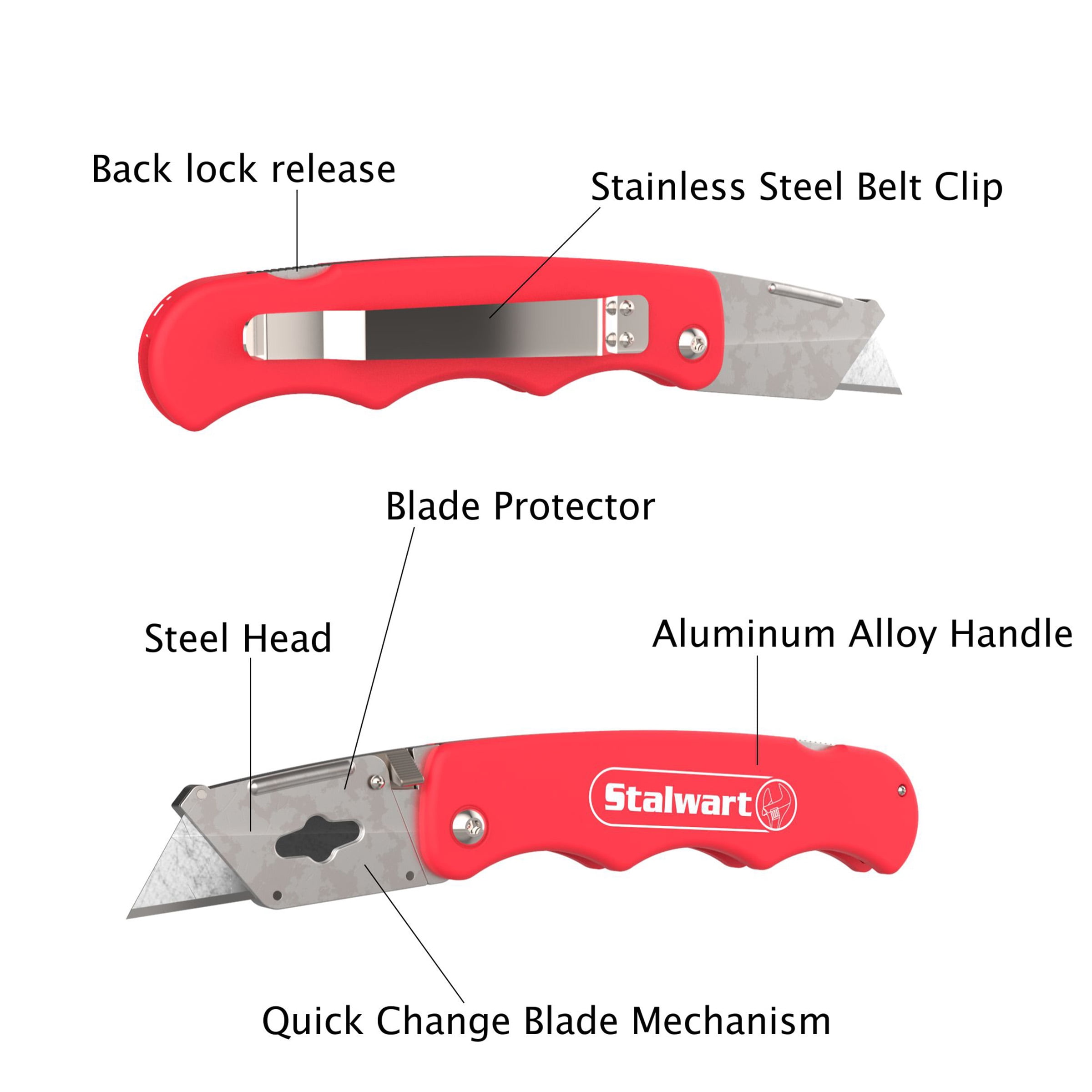 Folding Utility Knife with Blades– Set of 3 Heavy Duty Retractable Box Cutter with Aluminum Handle, Blade Lock, Belt Clip, 9 Extra Blades by Stalwart