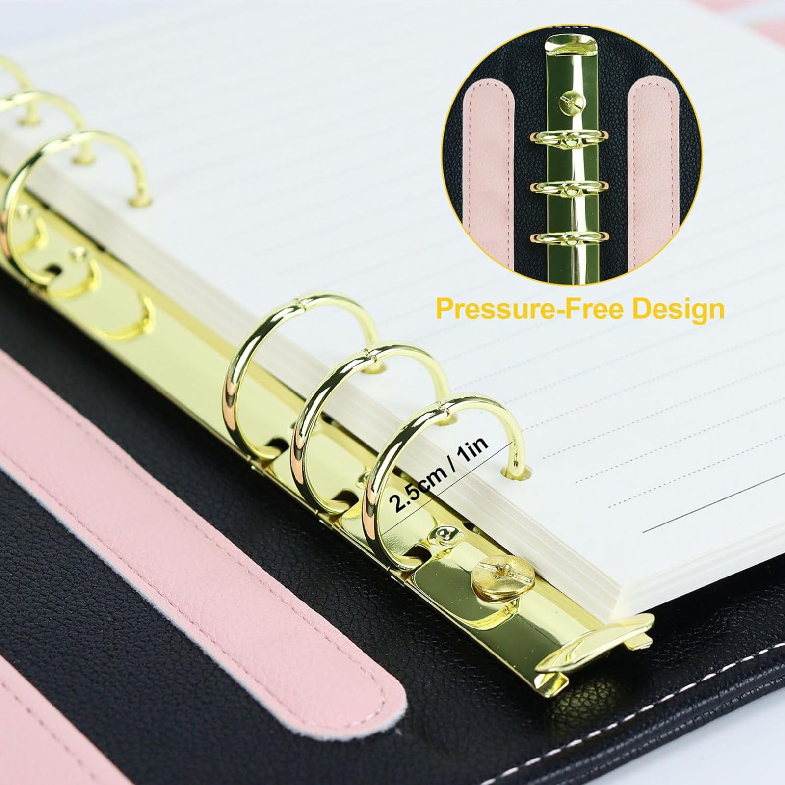Multibey A5 Leather Binder Cover - Refillable 6-Ring Planner Organizer with Refill Paper, Dividers, Gold Pen & 3 Stickers, Leather Travel Journal Notebook Cover (Black & Pink)