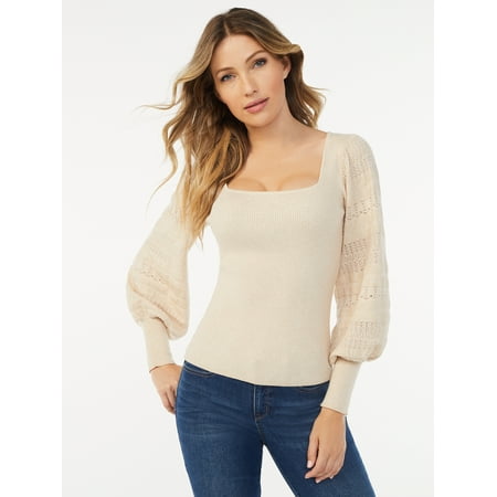 Sofia Jeans by Sofia Vergara Women's Pointelle Stitch Square Neck Sweater
