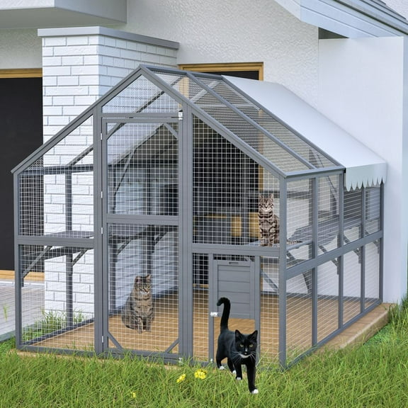 YINGYING Catio Outdoor Cat Enclosure, 110" Luxury Cat House with Weather-Resistant Roof, Cat Climbing Ramp, Space Pod Bed, 2 Lounging Huts Cat Cage