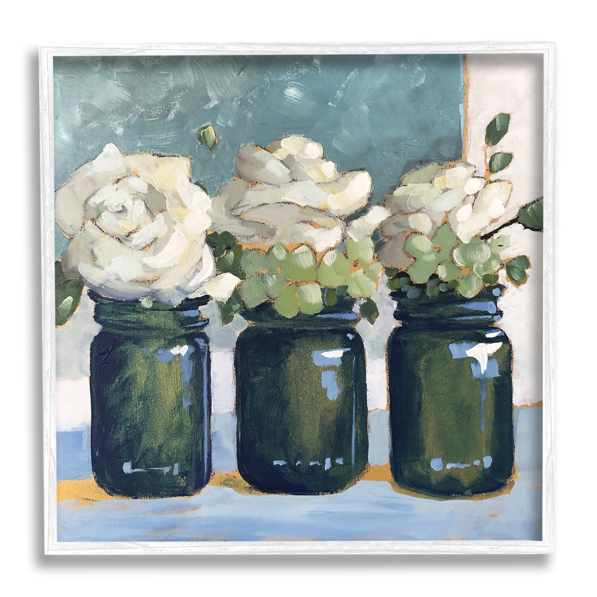 Stupell Industries White Roses Country Jars Floral Arrangement Bouquets Painting White Framed Art Print Wall Art, Design by Sue Riger