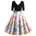 thumbnail image 4 of LWavelet Women's 3/4 Sleeve Scalloped Neck Fit-and-Flare Dress, Bunny & Easter Egg Basket Print with Satin Bow Belt for Easter & Party Outfits Purple Pink L, 4 of 5