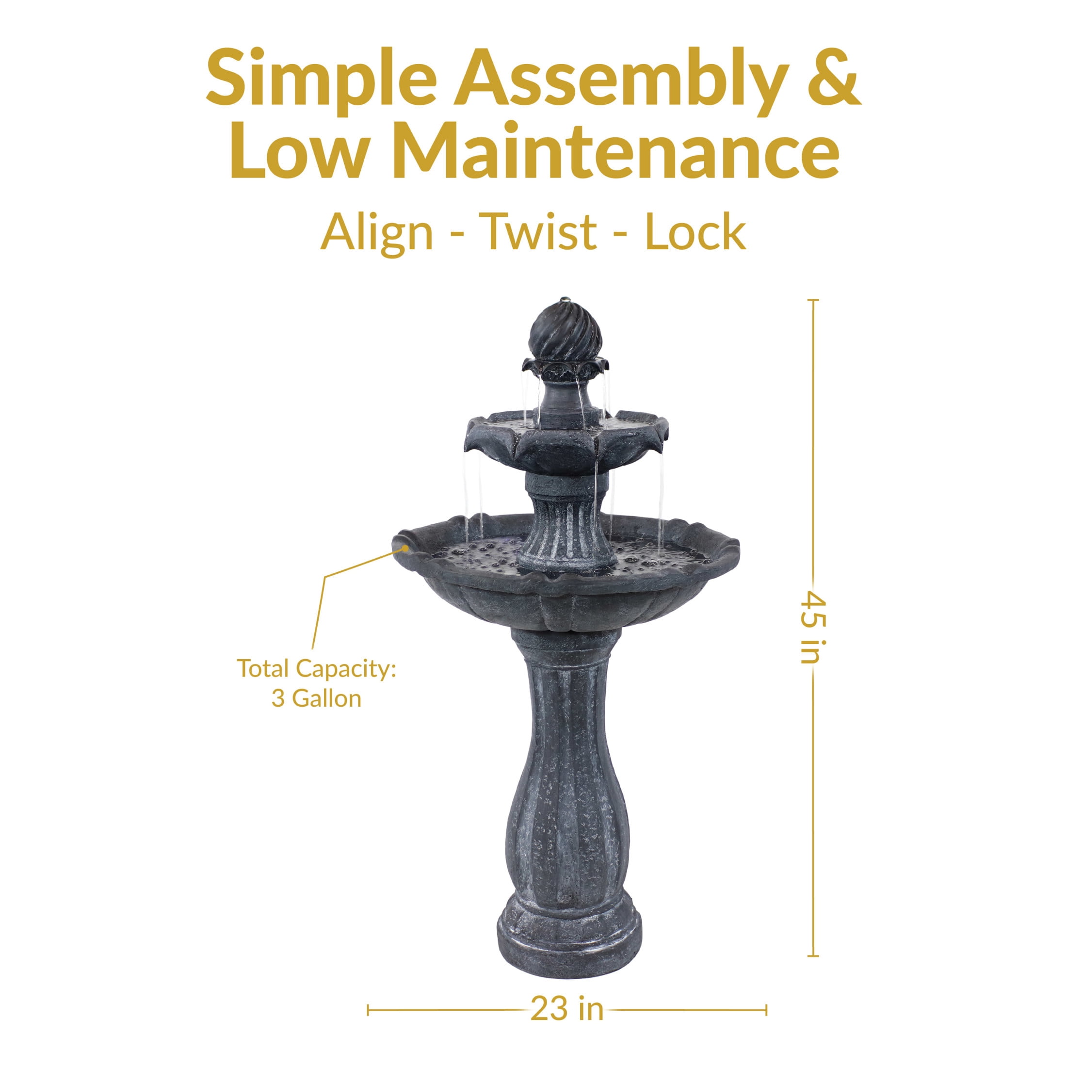 Sunnydaze Arcade Black Polyresin 2-Tier Solar Fountain with Battery