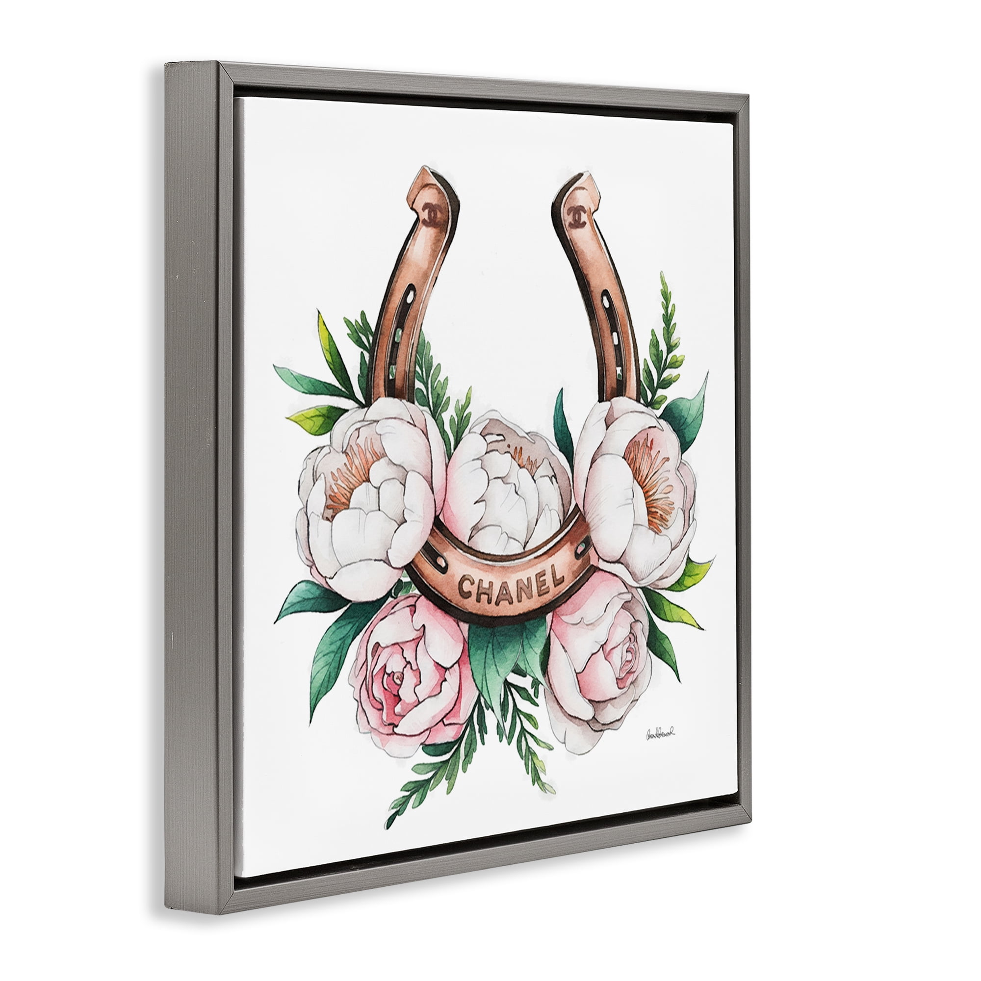 Stupell Industries Glam Peonies & Horseshoe Plants & Flowers Painting Gray Floater Framed Canvas Art Print Wall Art, 25 x 25