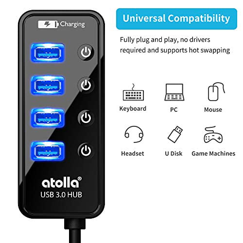 Ondartet Glæd dig Savant Powered USB Hub, atolla 4-Port USB 3.0 Hub with 4 USB 3.0 Data Ports and 1  USB Smart Charging Port, USB Splitter with Individual On/Off Switches and  5V/3A Power Adapter - Walmart.com