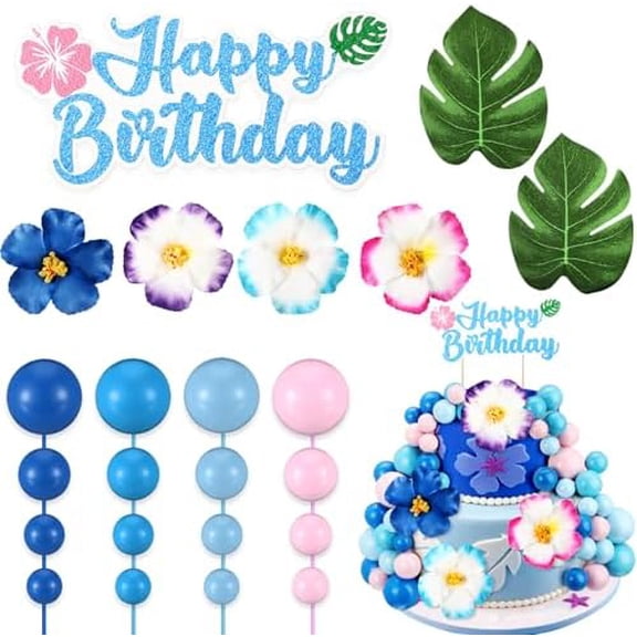 59 Pcs Pink Blue Cake Topper with Foam Balls Hawaii Hibiscus Tropical Leaves Cartoon Birthday Cake Decoration Blue Themed Birthday Baby Supplies$$Home Decor, Kitchen, & Other