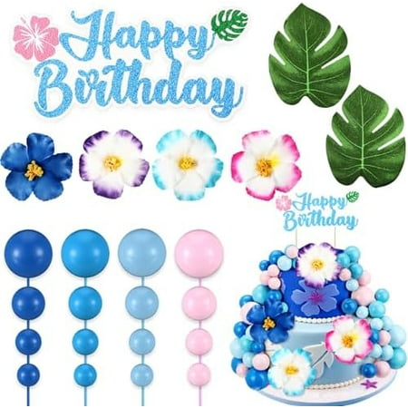 59 Pcs Pink Blue Cake Topper with Foam Balls Hawaii Hibiscus Tropical Leaves Cartoon Birthday Cake Decoration Blue Themed Birthday Baby Supplies$$Home Decor, Kitchen, & Other