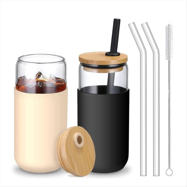 Vasos de Vidrio de 20 Oz (2 Colores) con Tapas de Bambú y Pajitas - Vasos de Cerveza Hechos con Lata y Protectora de Silicona